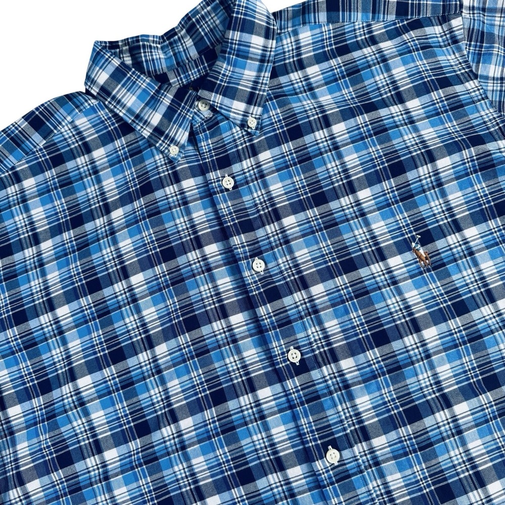 Ralph Lauren Plaid Oxford Button Down Shirt Men XLT Blue Short‎ Sleeve NEW